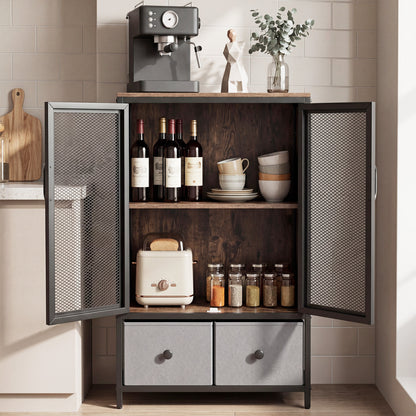 Rustic brown industrial coffee bar cabinet with 2-tier storage, perfect for living room organization and stylish decor.