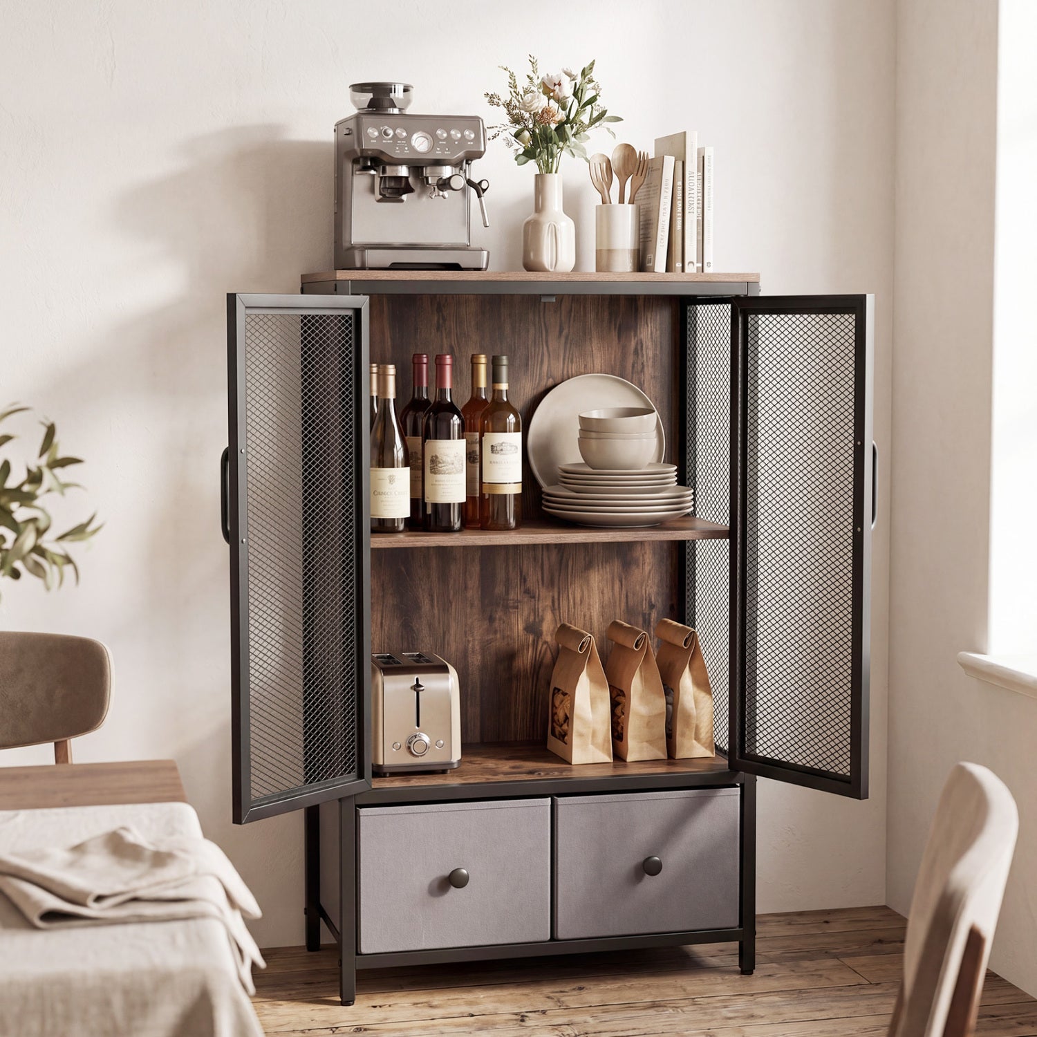 Rustic brown industrial coffee bar cabinet with 2-tier storage, perfect for living room organization and stylish decor.
