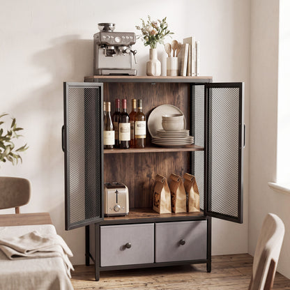 Rustic brown industrial coffee bar cabinet with 2-tier storage, perfect for living room organization and stylish decor.