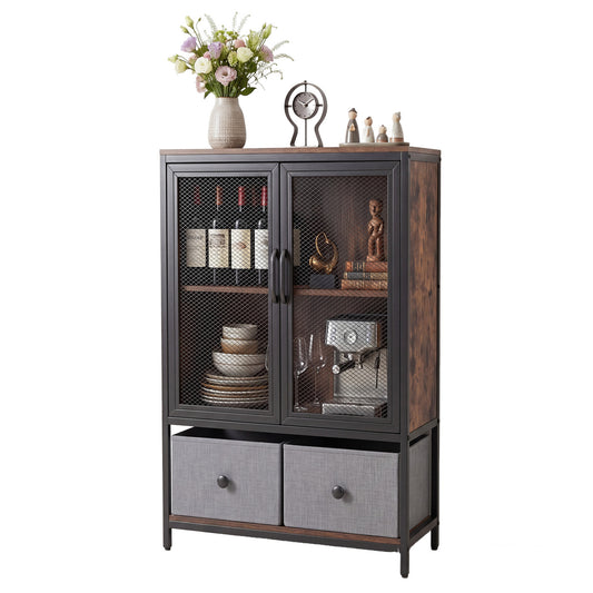 Industrial Coffee Bar Cabinet with 2-Tier Storage Compartment-Rustic Brown