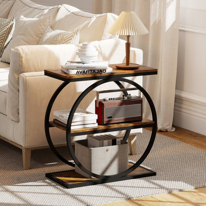 Industrial Faux Marble Side Table with Metal Frame for Living Room Bedroom-Rustic Brown