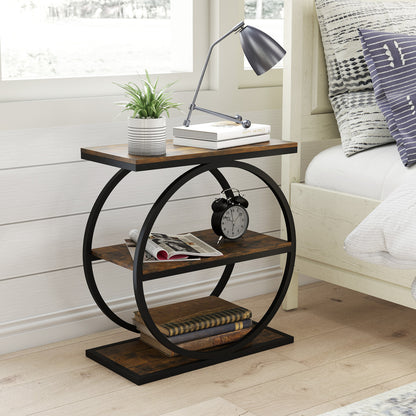 Industrial Faux Marble Side Table with Metal Frame for Living Room Bedroom-Rustic Brown