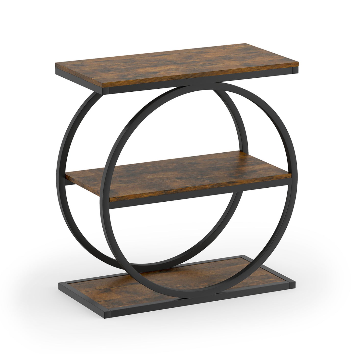 Industrial Faux Marble Side Table with Metal Frame for Living Room Bedroom-Rustic Brown