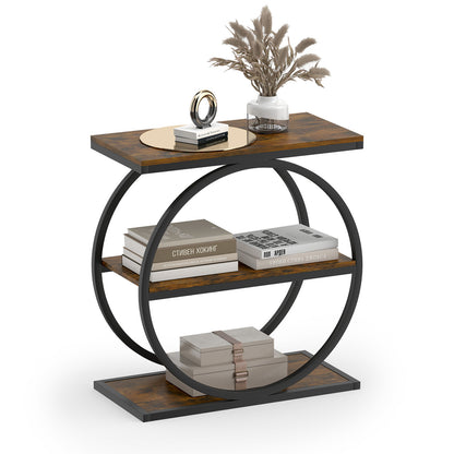 Industrial Faux Marble Side Table with Metal Frame for Living Room Bedroom-Rustic Brown