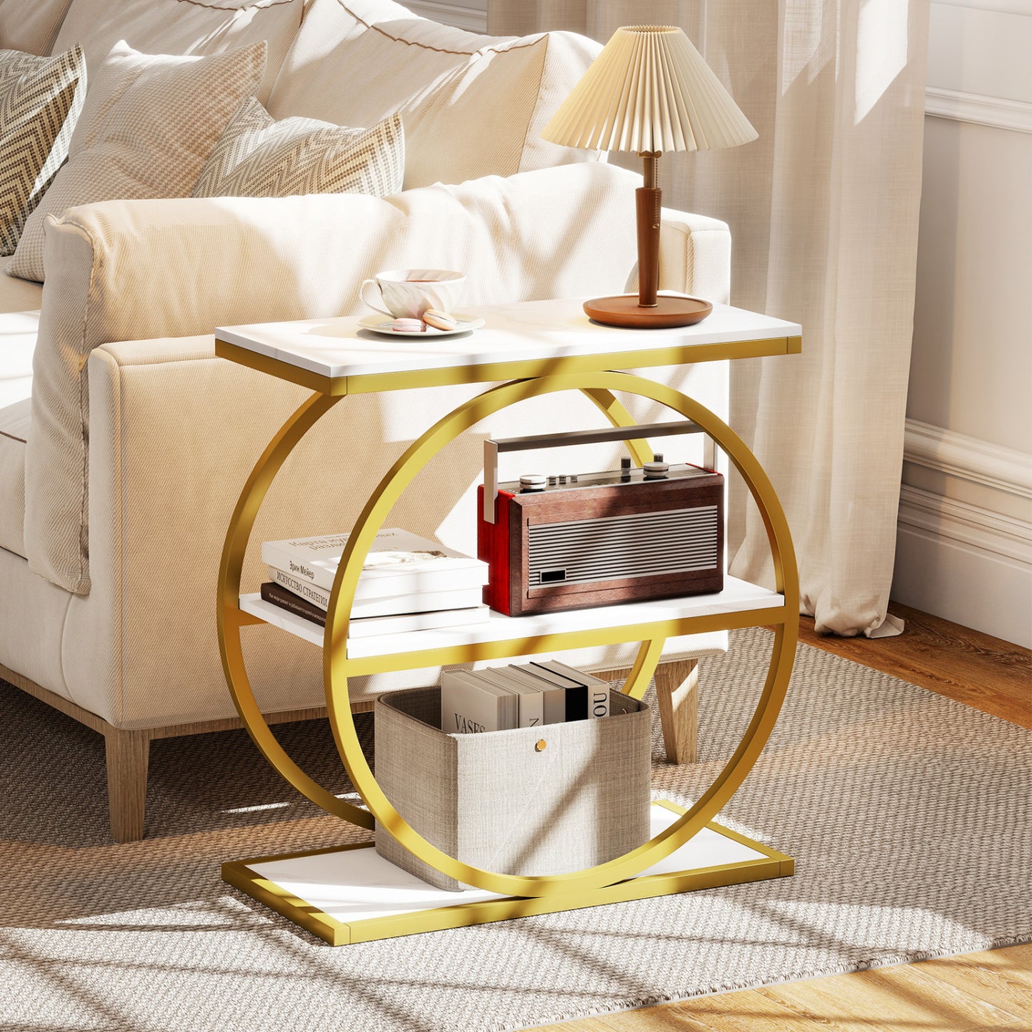 Industrial Faux Marble Side Table with Metal Frame for Living Room Bedroom-Rustic Brown