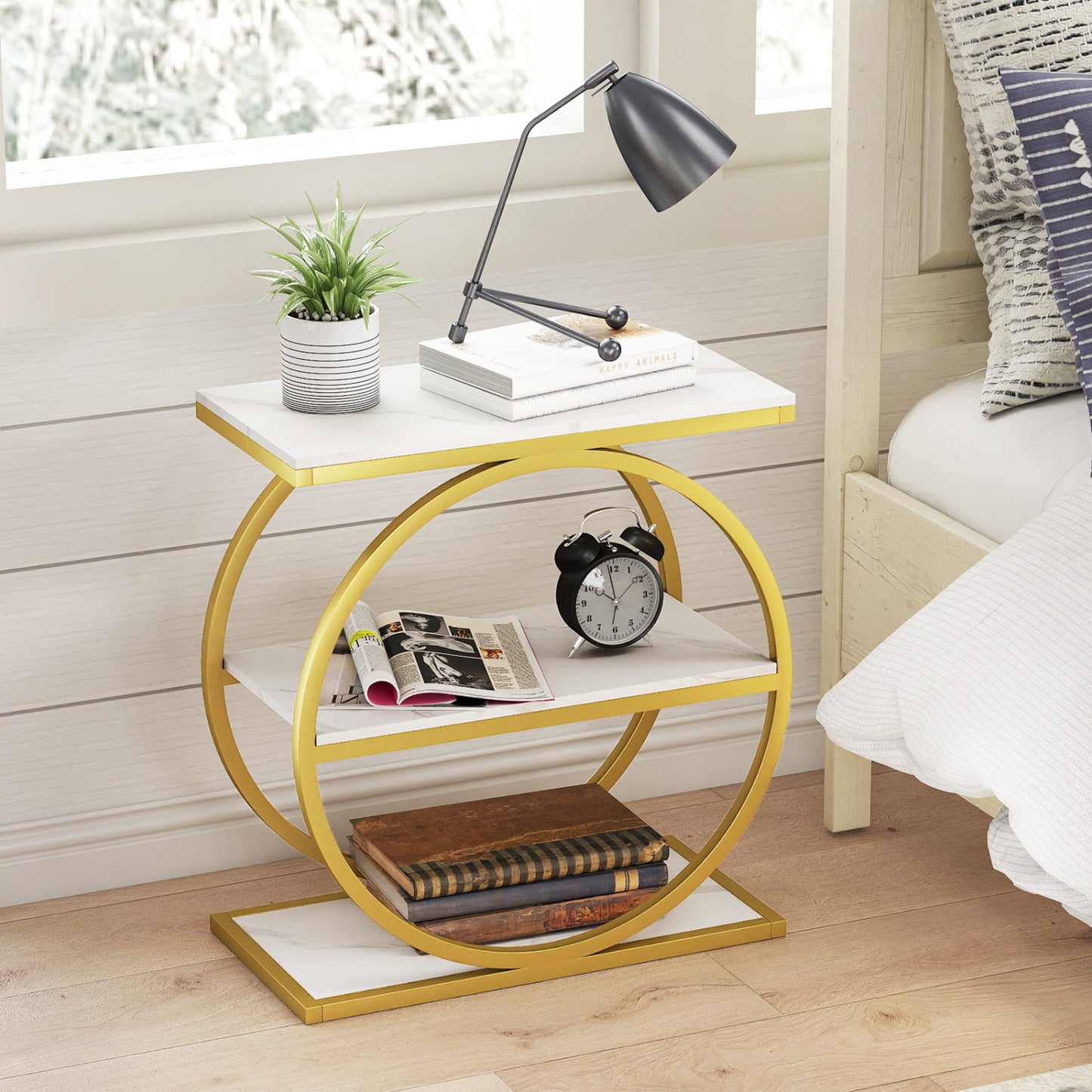 Industrial Faux Marble Side Table with Metal Frame for Living Room Bedroom-Rustic Brown
