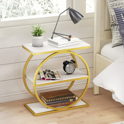 Industrial Faux Marble Side Table with Metal Frame for Living Room Bedroom-Rustic Brown