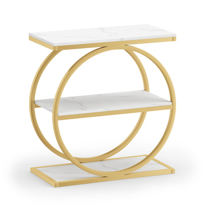 Industrial Faux Marble Side Table with Metal Frame for Living Room Bedroom-Rustic Brown