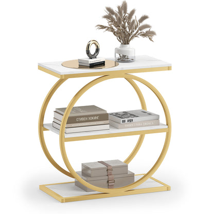 Industrial Faux Marble Side Table with Metal Frame for Living Room Bedroom-Rustic Brown