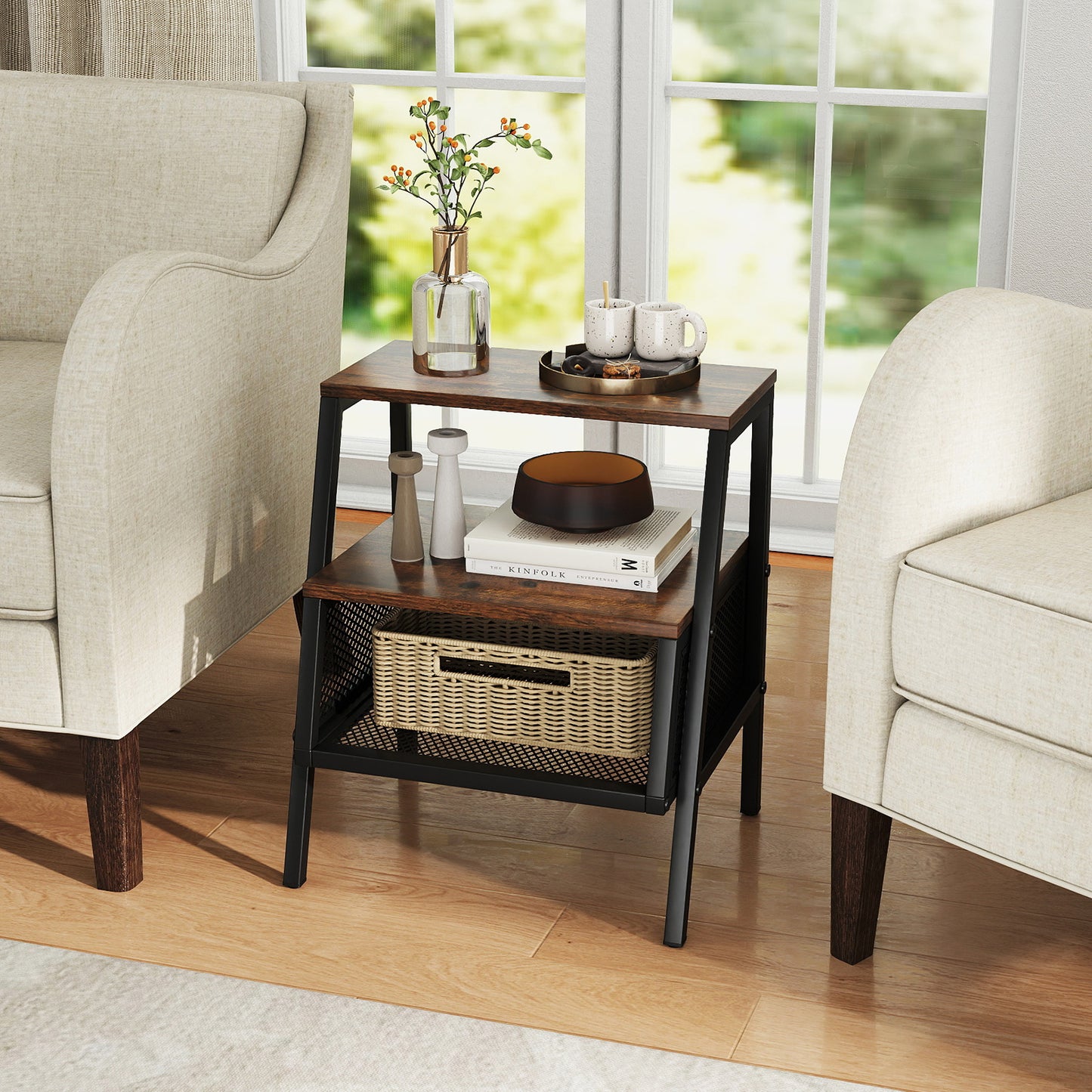 Industrial Nightstand 3-Tier End Table with 2 Open Shelves and Metal Mesh Compartment-Rustic Brown