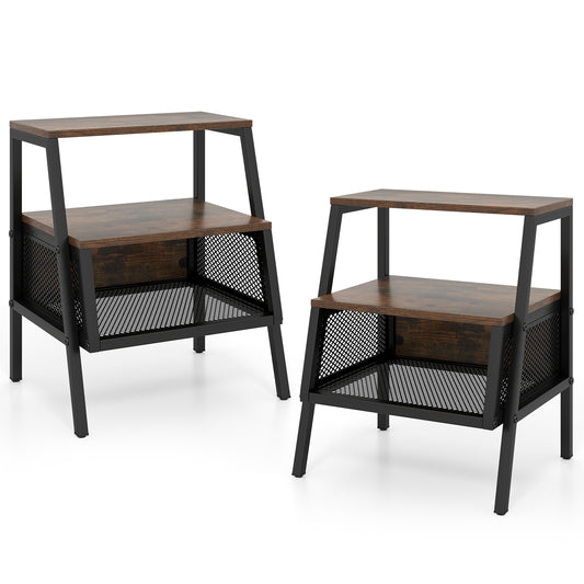 Industrial Nightstand 3-Tier End Table Set of 2 with 2 Open Shelves and Metal Mesh Compartment-Rustic Brown
