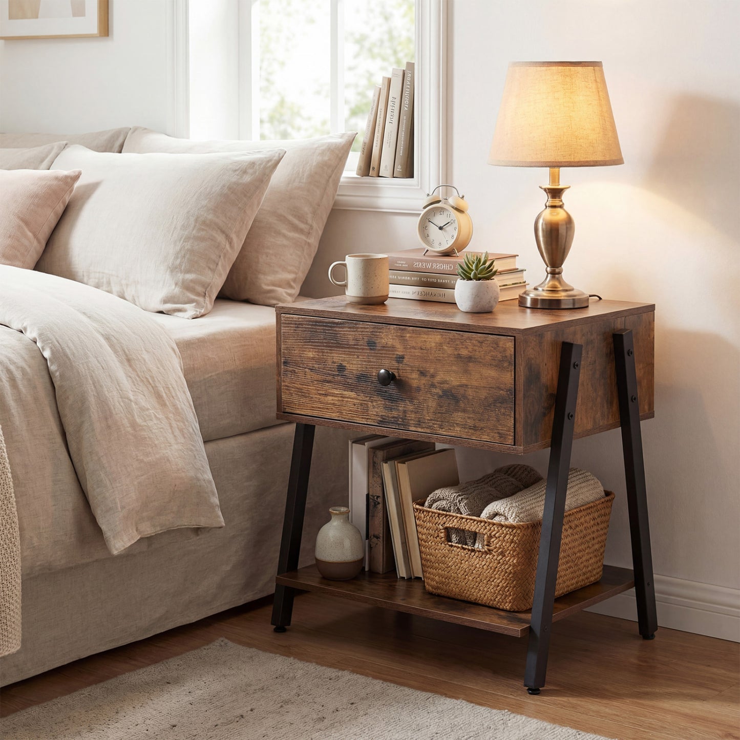 Rustic brown industrial nightstand with drawer and adjustable foot pads, ideal for bedroom furniture.