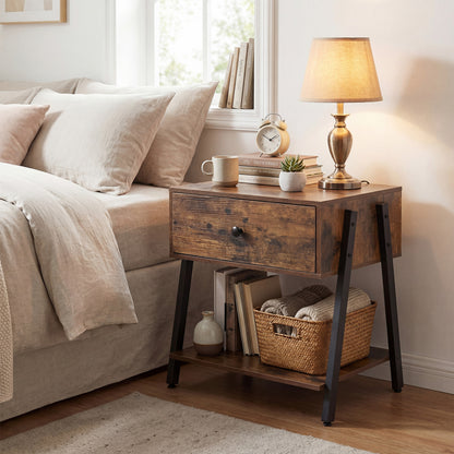 Rustic brown industrial nightstand with drawer and adjustable foot pads, ideal for bedroom furniture.
