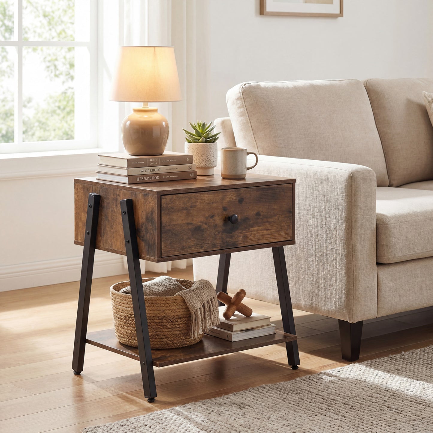Rustic brown industrial nightstand with drawer and adjustable foot pads, ideal for bedroom furniture.