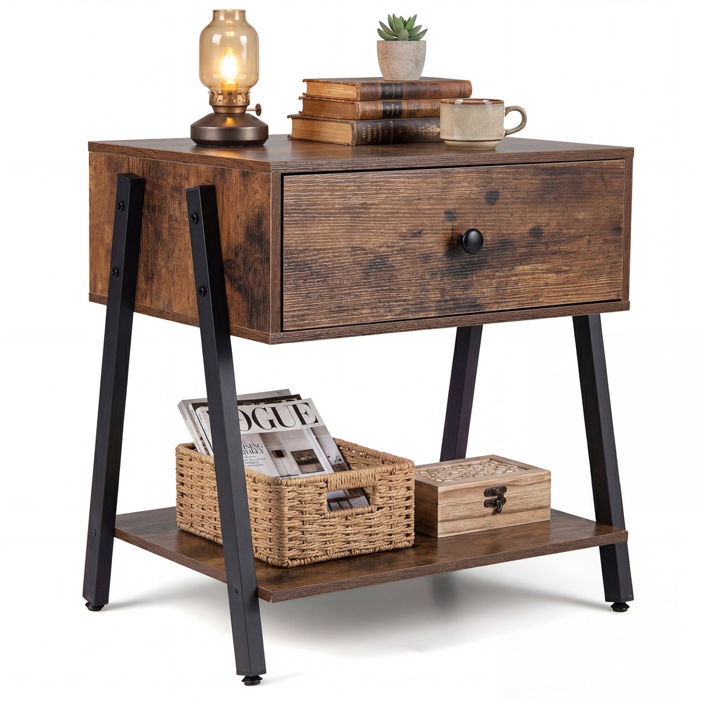 Rustic brown industrial nightstand with drawer and adjustable foot pads, perfect for bedroom decor, by Wilsons Home Store.