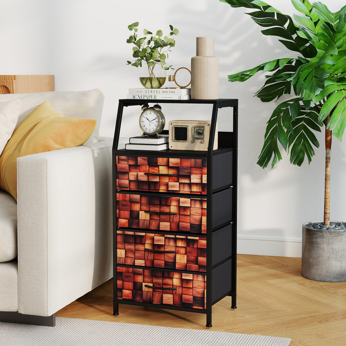 Industrial Nightstand with 4 Fabric Drawers and Sturdy Metal Frame for Bedroom-Brown + Black