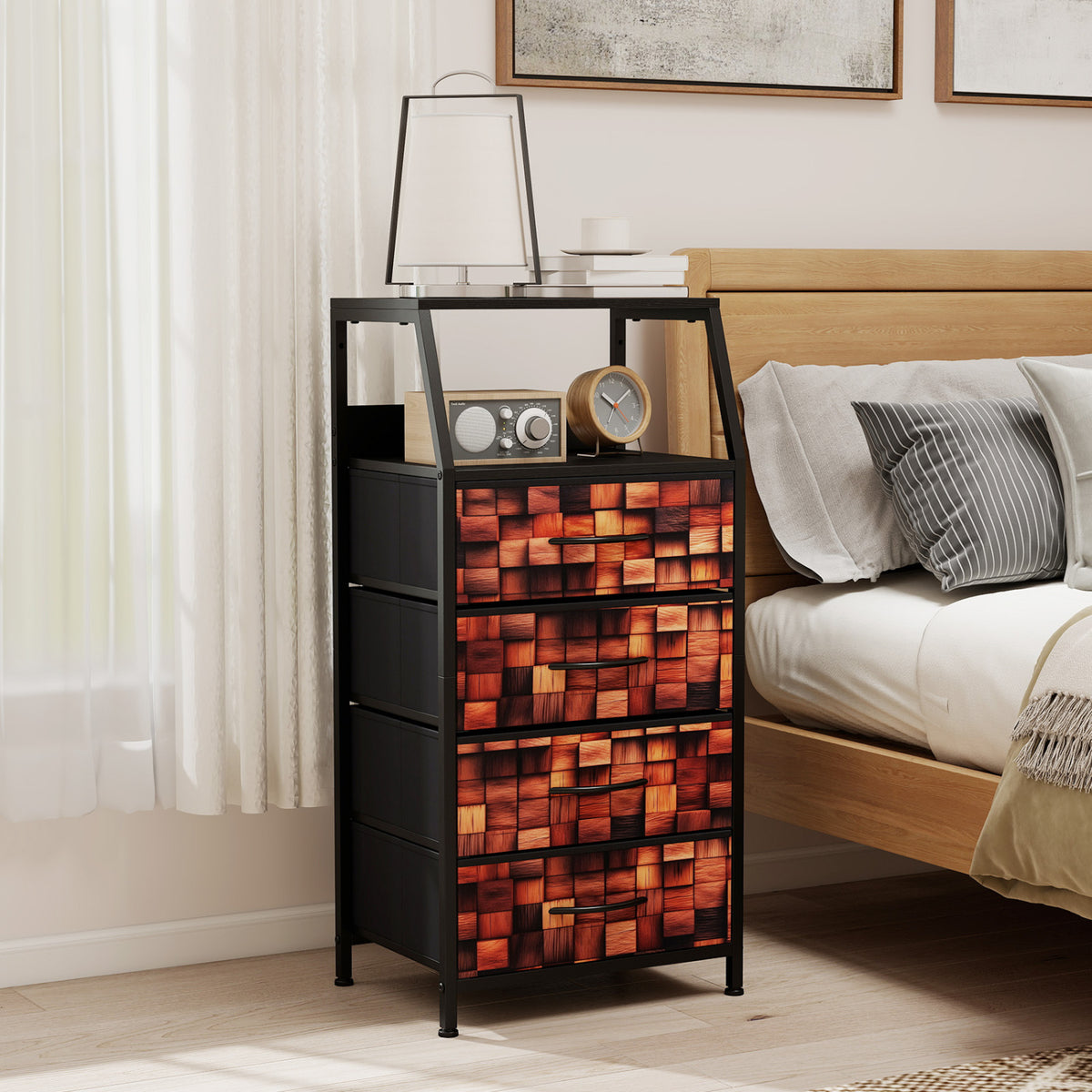 Industrial Nightstand with 4 Fabric Drawers and Sturdy Metal Frame for Bedroom-Brown + Black