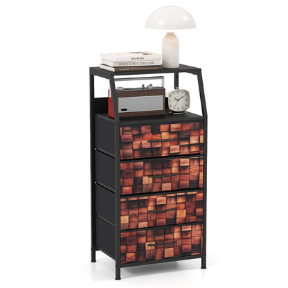 Industrial Nightstand with 4 Fabric Drawers and Sturdy Metal Frame for Bedroom-Brown + Black