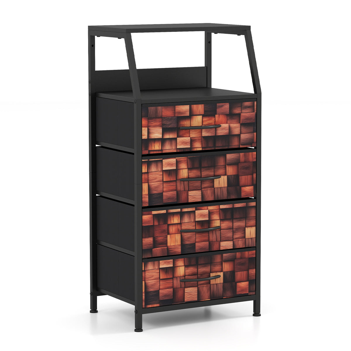 Industrial Nightstand with 4 Fabric Drawers and Sturdy Metal Frame for Bedroom-Brown + Black