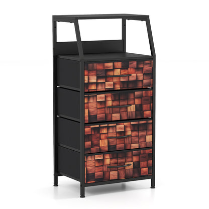Industrial Nightstand with 4 Fabric Drawers and Sturdy Metal Frame for Bedroom-Brown + Black