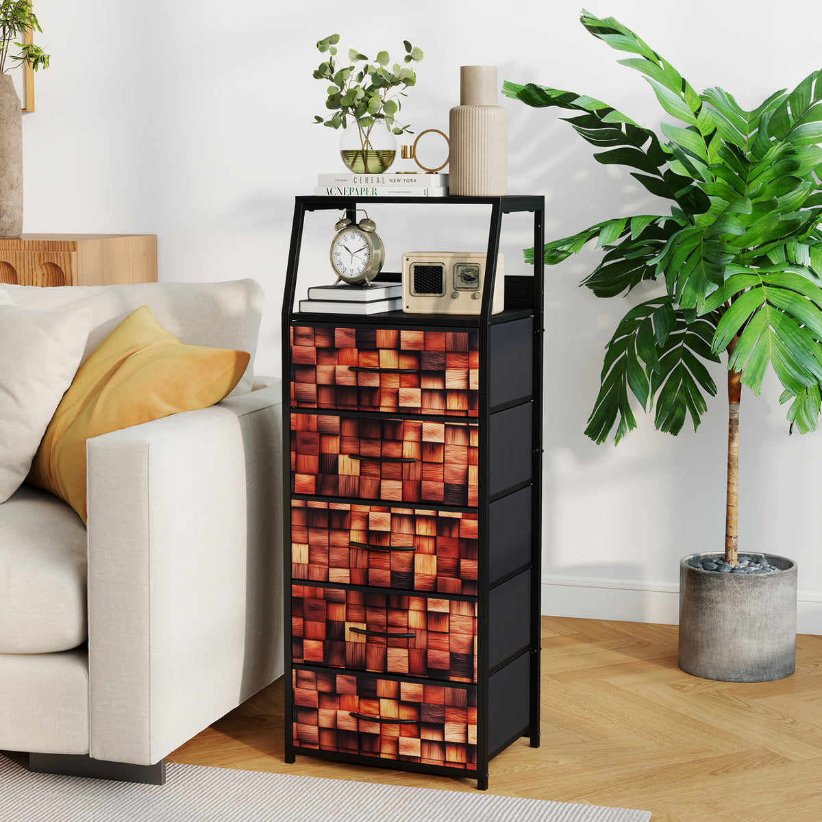Industrial Nightstand with 5 Fabric Drawers and Sturdy Metal Frame for Bedroom-Brown + Black