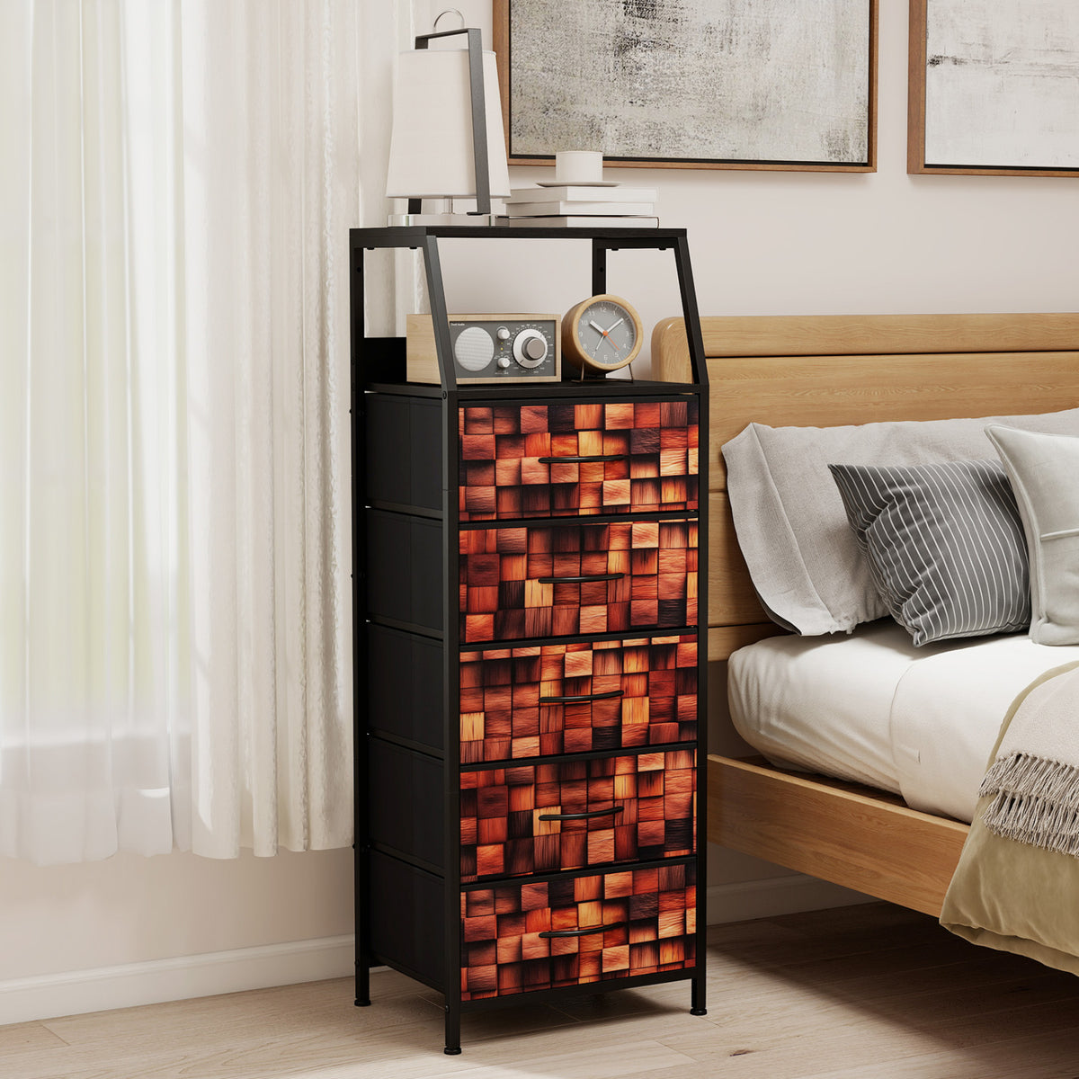 Industrial Nightstand with 5 Fabric Drawers and Sturdy Metal Frame for Bedroom-Brown + Black