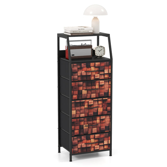 Industrial Nightstand with 5 Fabric Drawers and Sturdy Metal Frame for Bedroom-Brown + Black