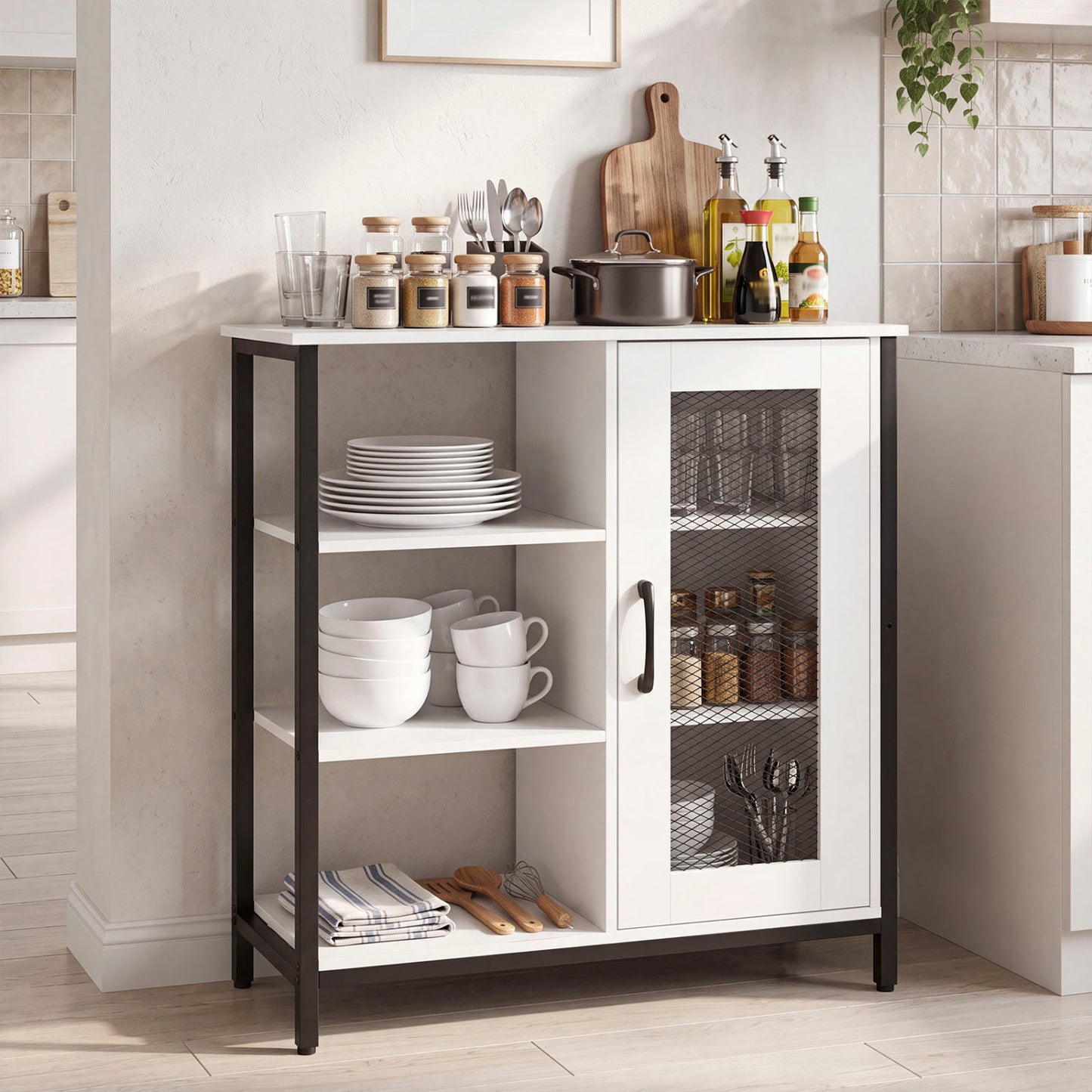 Industrial Side Cabinet with Metal Mesh Door and 3 Open Shelves-Rustic Brown