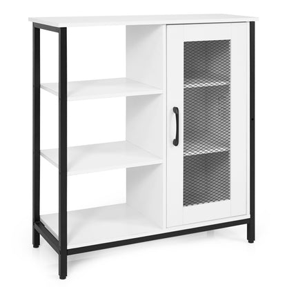 Industrial Side Cabinet with Metal Mesh Door and 3 Open Shelves-Rustic Brown