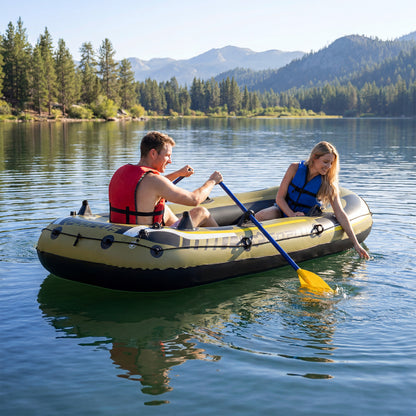 Green inflatable 3-person fishing boat with oars and pump, ideal for water sports and outdoor adventures.