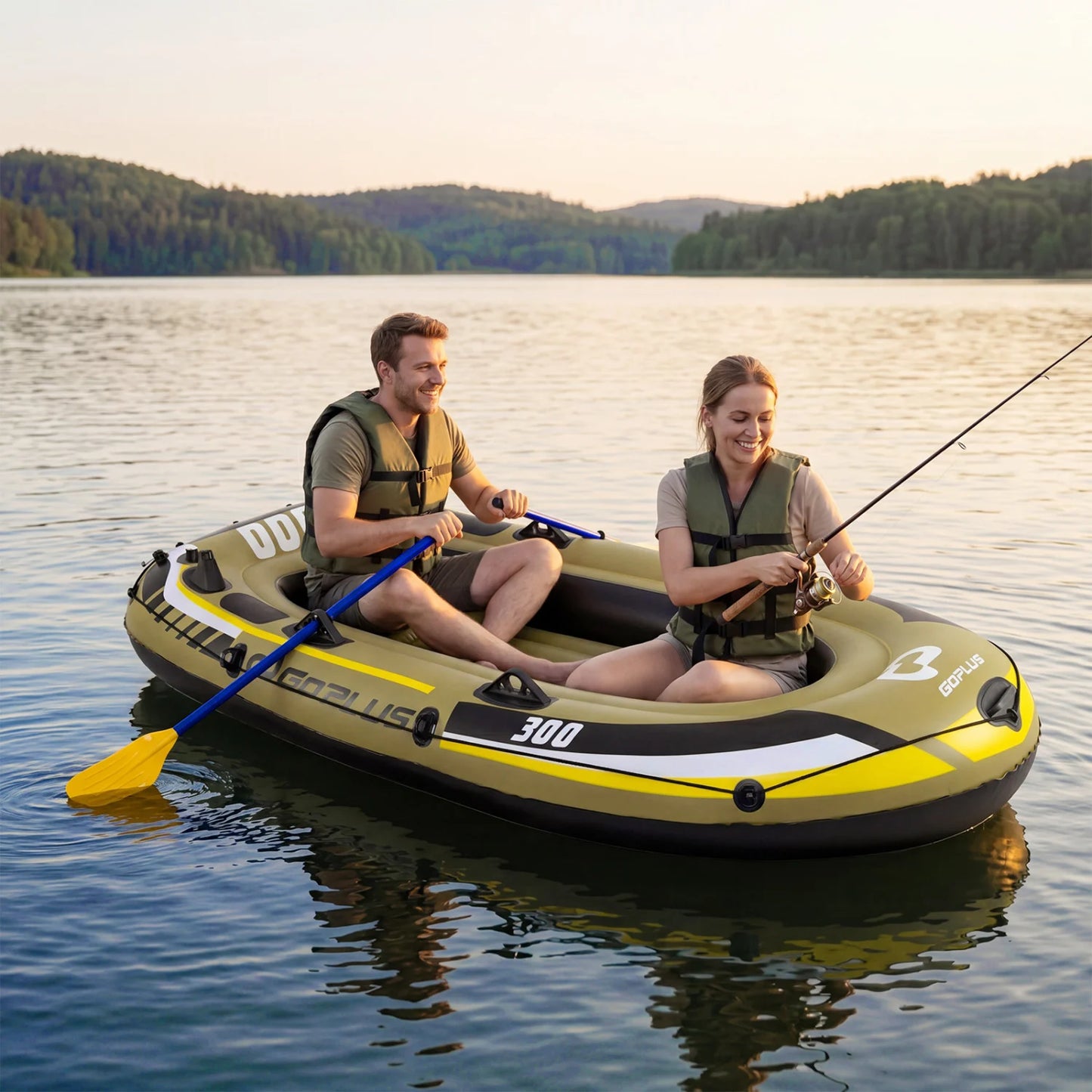 Green inflatable boat for three people with oars and pump, designed for fishing and water sports, by Direct by Wilsons Home Store.