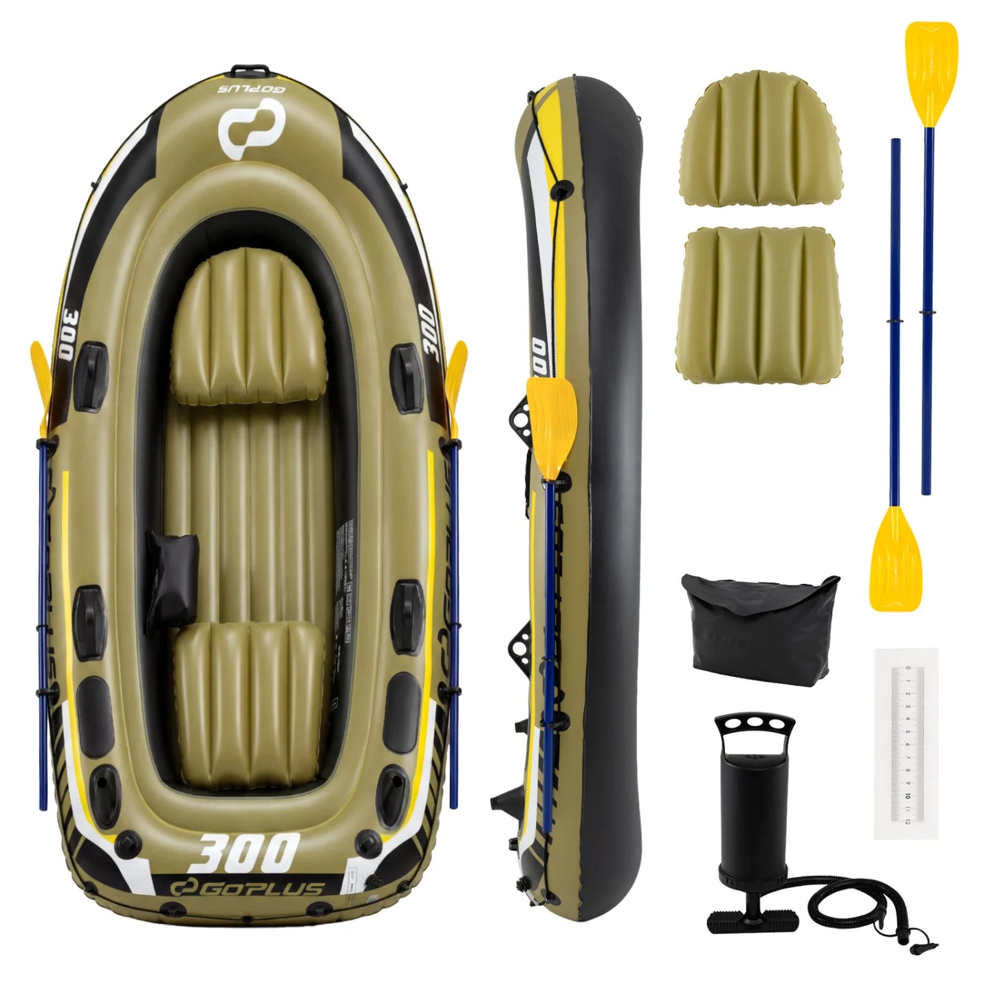 Green 3-person inflatable fishing boat by Wilsons Home Store with oars and pump, suitable for water sports and outdoor adventures.