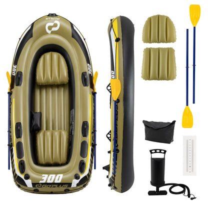 Green 3-person inflatable fishing boat by Wilsons Home Store with oars and pump, suitable for water sports and outdoor adventures.