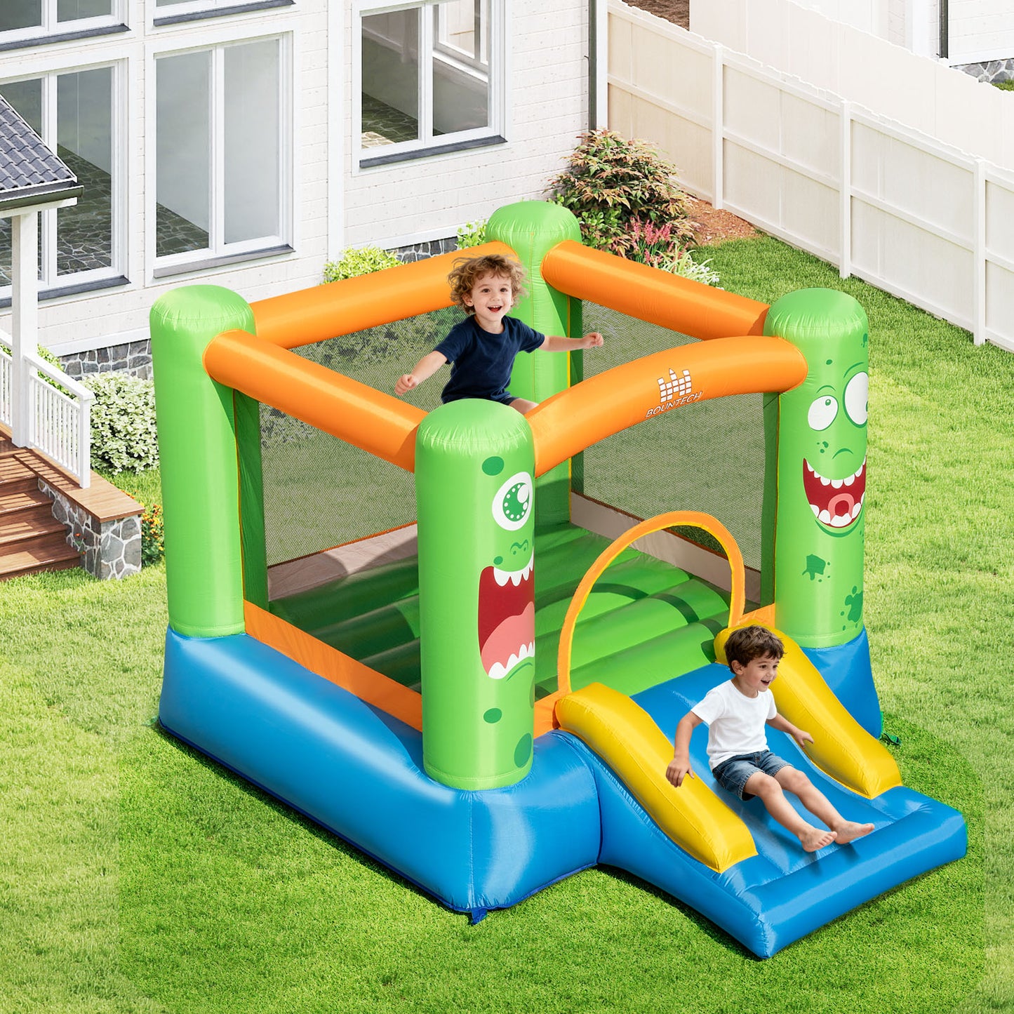 Inflatable Bounce House Monster Themed Bouncy Castle with Large Jumping Area and Slide 550W Blower Included