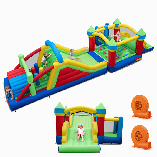 Colorful inflatable bounce house with 750W blower, designed for outdoor play, ideal for kids' toys and hobbies.