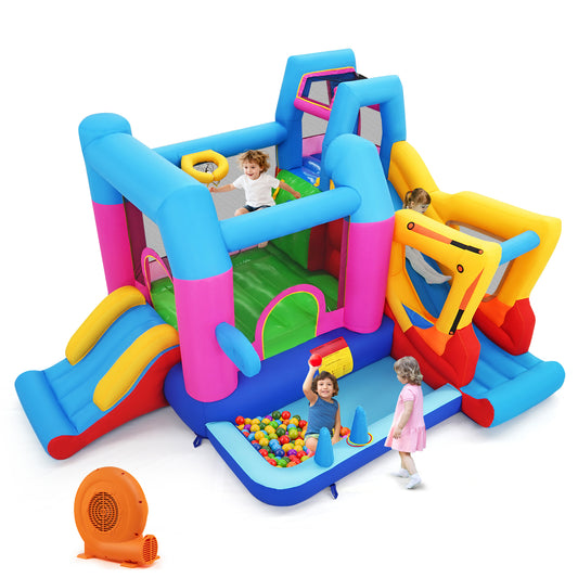 Colorful inflatable bounce house for kids featuring excavator theme, includes 750W blower, ideal for outdoor play and fun.