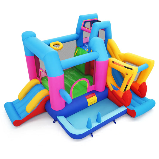 Colorful inflatable bounce house with excavator theme for kids, featuring slides and play areas, designed for outdoor fun.