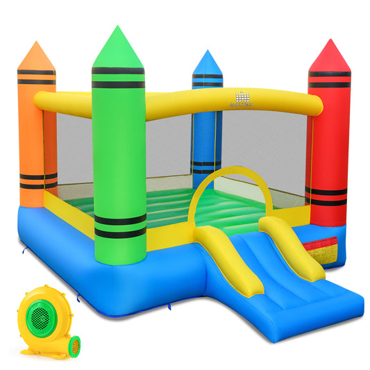 Colorful crayon-themed inflatable bounce house for kids with 550W blower, ideal for outdoor play and fun activities.