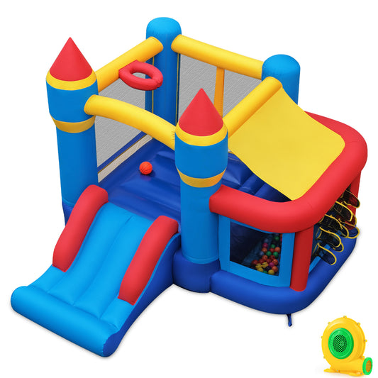 Colorful inflatable bounce house with slide, ocean ball pit, and pitching game for kids' outdoor birthday parties.