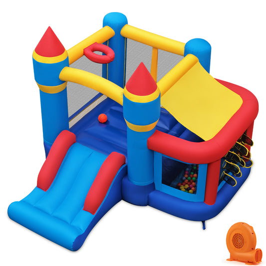 Inflatable bounce house with slide, ball pit, and games for kids, featuring a 550W blower, by Wilsons Home Store.