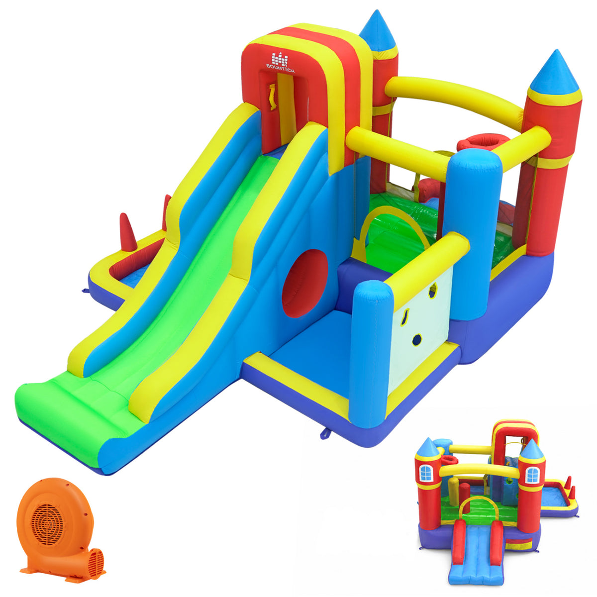 Inflatable Bounce House with 750W Air Blower with SlideSubtitle Climbing Wall and Basketball Hoop for Kid Backyard Indoor Outdoor