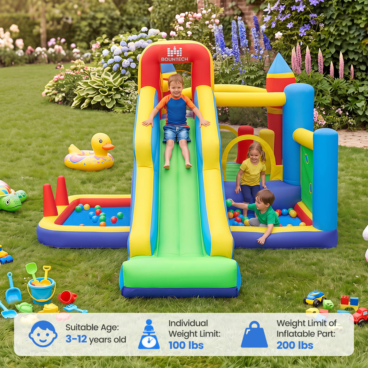 Inflatable Bounce House with 750W Air Blower with SlideSubtitle Climbing Wall and Basketball Hoop for Kid Backyard Indoor Outdoor