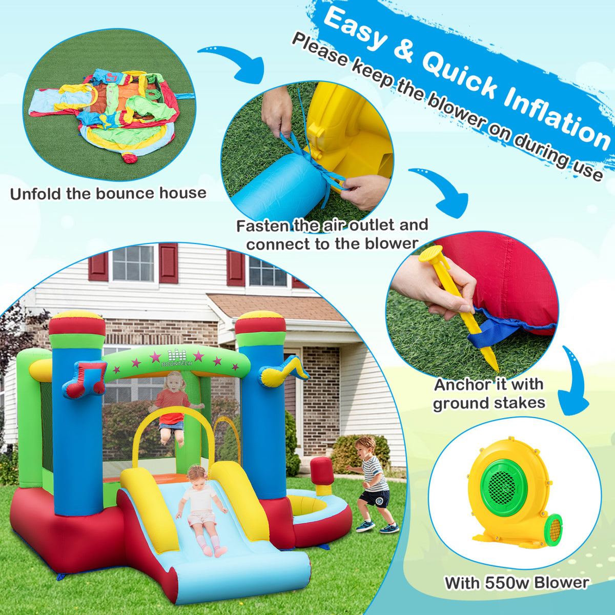 Inflatable Bounce House Kids Music-Themed Castle with 550 Blower