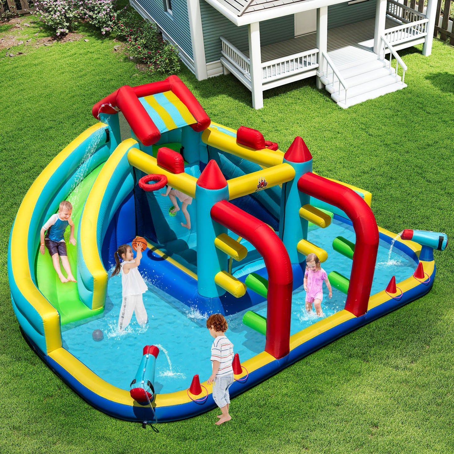 Inflatable Double Water Slide Park with Obstacle Course without 680W-750W Blower