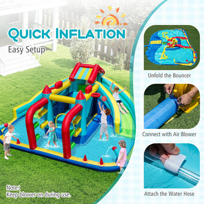 Inflatable Double Water Slide Park with Obstacle Course and 680W Blower
