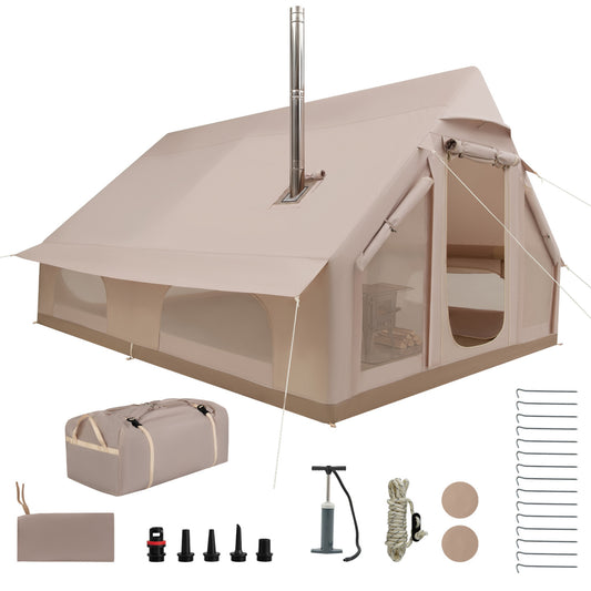 Inflatable  Easy Setup 4 Season Waterproof Oxford Camping Tent for Camping with Stove Jack for 6-10 Person-Beige