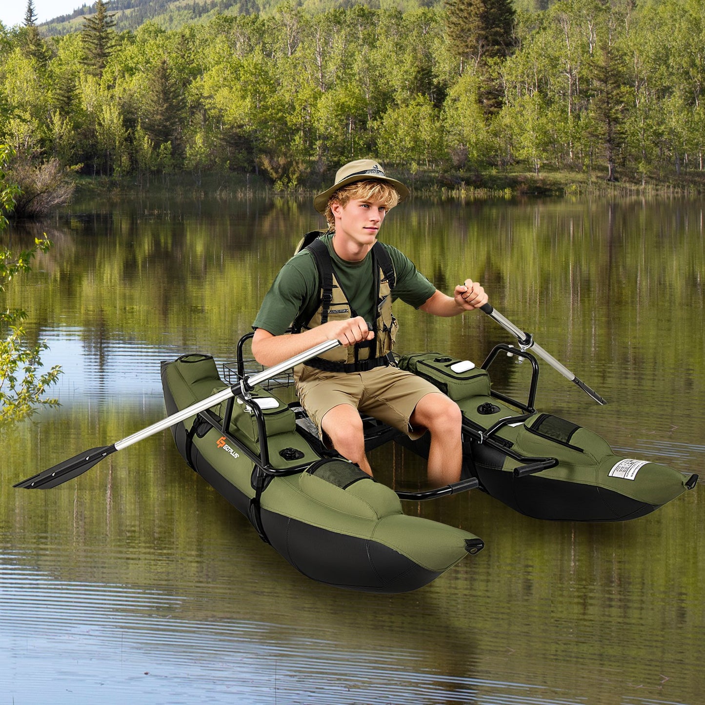 Inflatable Fishing Float Tube with Foldable Padded Seat and Adjustable Footrest-Green