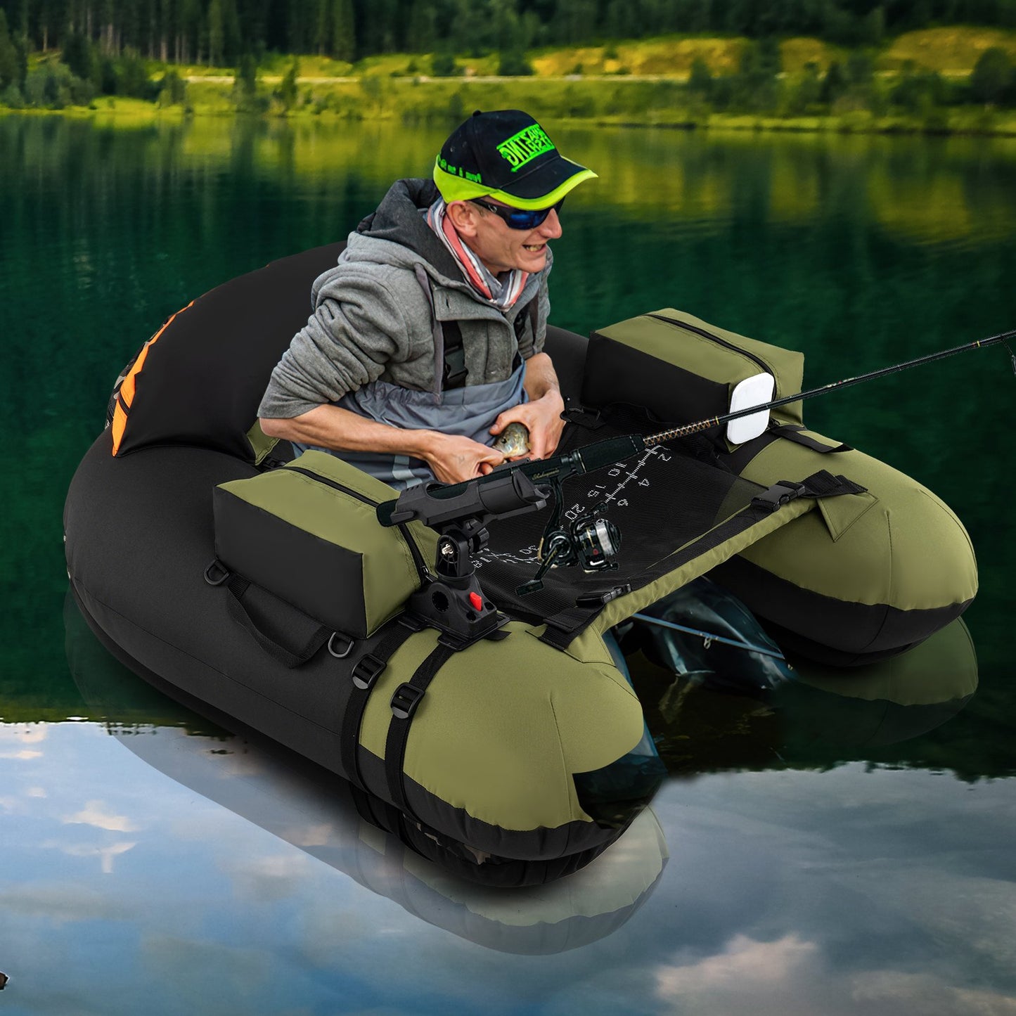 Inflatable Float Tube with Adjustable Fishing Rod Holder and Fish Hook Stator-Green