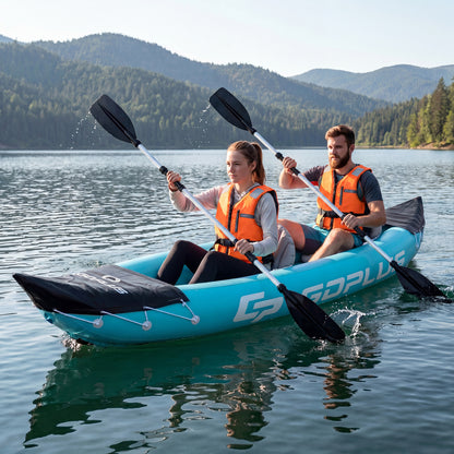 Blue inflatable tandem kayak for two with aluminum paddles, ideal for water sports and touring.