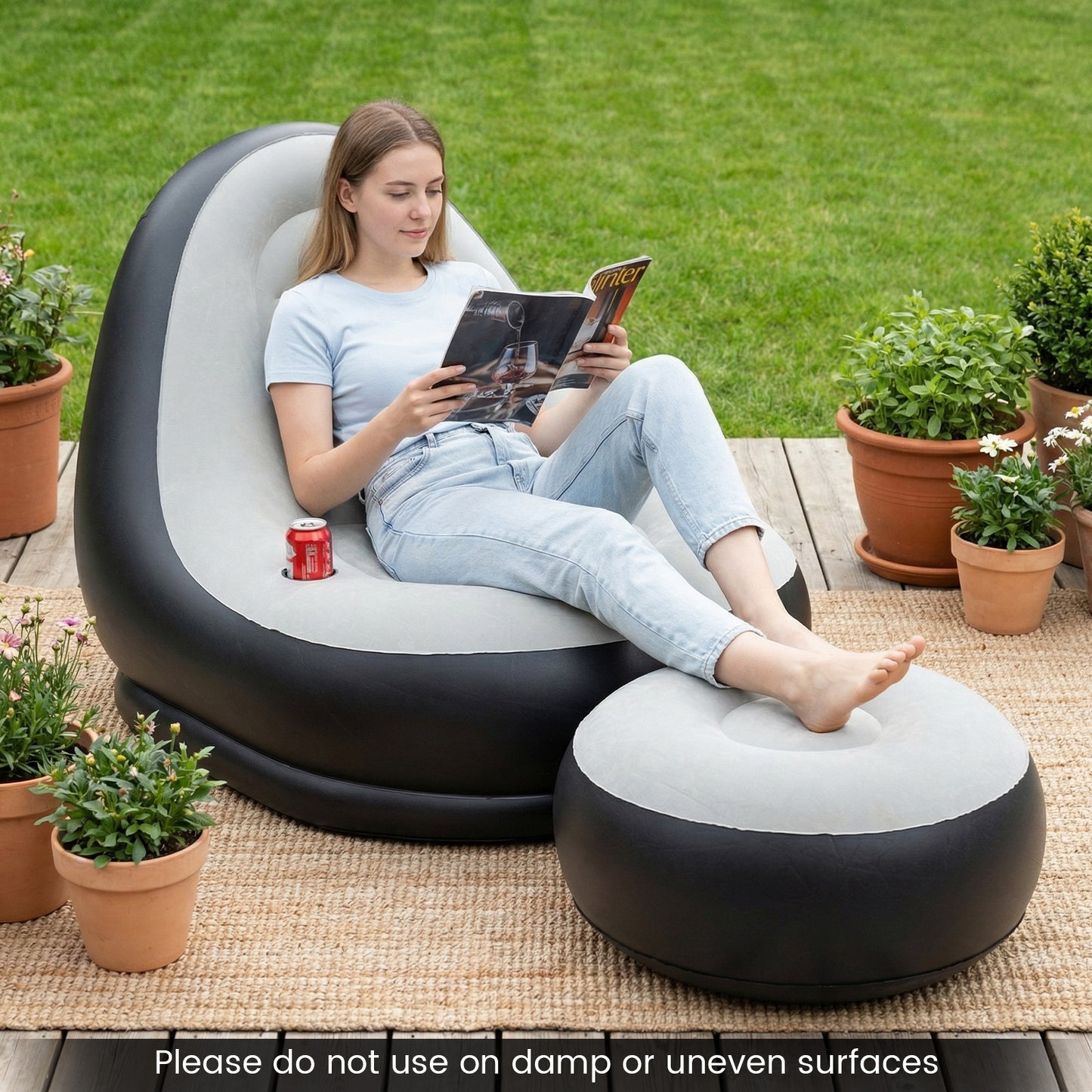 Inflatable Lounge Sofa with Ottoman Portable Air Sofa for Adults with Flocked Surface-Grey